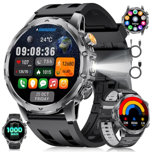 Montre Connectée Homme avec Batterie 1000mAh pour Android iOS, 1,53'' HD Grand Écran Montre Intelligente Militaire avec 24H Fréquence Cardiaque/129 Modes Sportifs/Étanche IP68/Torche, Gris-Noir