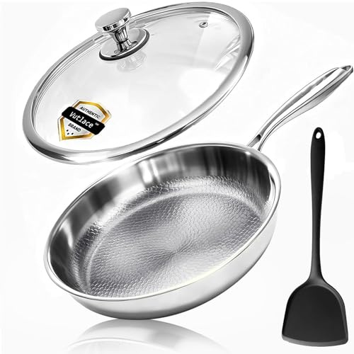 Vutlace Stainless Steel Frying Pan with Lid, 5-Ply Clad Titanium Frying Pan, Uncoated, Titanium Construction, Induction Cookware, Cooking Pan, Stir Fry Pan, Dishwasher Safe Pan, Includes Lid (28cm)