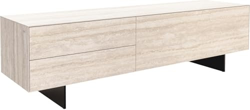 TV-Board Cuor Keramik Laminam® Travertino Bianco Creme-Weiß 180 cm 1 Klappe | 2 Schubfächer Fuß Schwebeoptik Metall Schwarz Lowboard