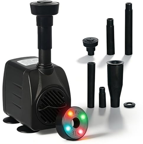 BYZESTY Springbrunnenpumpe Aussen 220V, Teichpumpe mit Filter, Springbrunnen Pumpe Klein mit Licht, Wasserspielpumpe Bachlaufpumpe, Teichfilterpumpe für Gärten, Teich, Brunnen Leise 600L/H 15W