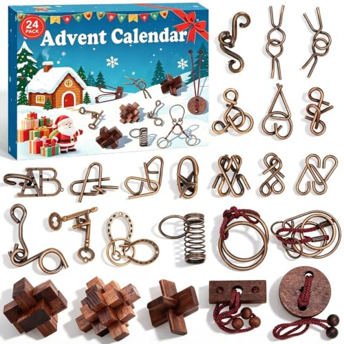 Knobelspiele Adventskalender 2026, 24-Tage Weihnachts Countdown Kalender mit Metallringen & Holz IQ Puzzles, Kniffligen Weihnachtsdenkspielen für Kinder,Jugendliche und Erwachsene