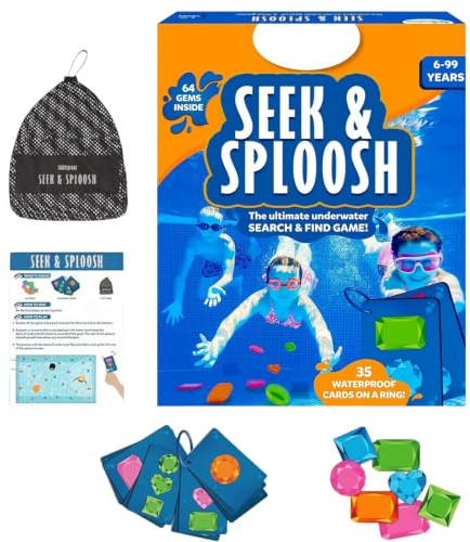 Pool Spielzeug Set für Kinder, Unterwasser Suchspiel mit 64 Edelsteinen & 35 wasserdichten Karten, inkl. Tauchringe, Netzbeutel, geeignet für Sommer, Schwimmbad, Garten, Party, Such- und Splash-Spaß