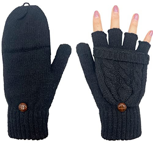 Beurlike Damen Winterhandschuhe Warme Wolle gestrickte Cabrio Fingerless Mittens Einheitsgröße Schwarz