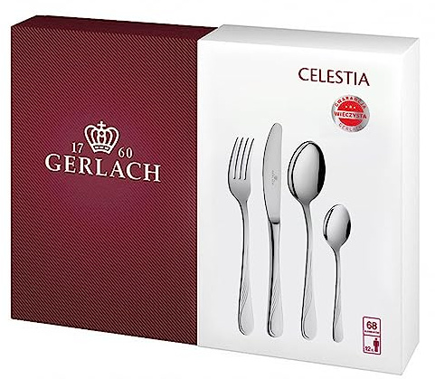 Gerlach Celestia Besteck-Set 12 Personen Spülmaschinenfest Essbesteck Edelstahl Tafelbesteck Messer Gabel Löffel Teelöffel Kuchengabel Soßenlöffel Kuchenspachtel Glänzend Rostfrei 68 Stk