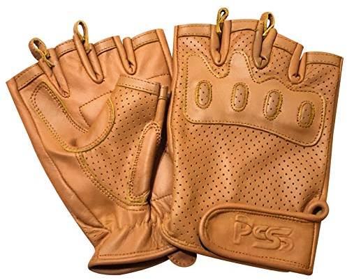 PSS Leder Fingerlose Handschuhe Mit Ziehriemen Herren Ohne Finger Motorradfahren Fahrradfahren MTB Muskelaufbau Fitness Gewichtheben Gepolstert Komfortabel Atmungsaktiv, Ref 318, Kamel Größe XL