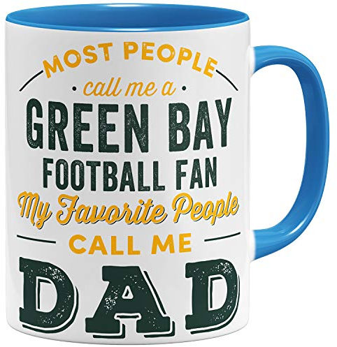 OM3® Green-Bay-Fan Tasse - Keramik Becher - American Football Mug - 11oz 325ml - Beidseitig Bedruckt - Hellblau