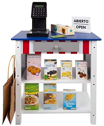 WOOMAX 85385 Supermarkt Holz mit Zubehör Ladengeschäft, Kasse Spielzeuge, blau