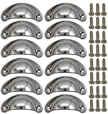 BOZONLI 12 Pack Retro Metal Kitchen Cupboard Drawer Cabinet Door Handles Knobs Chrome White Shell Cup Pull Handle