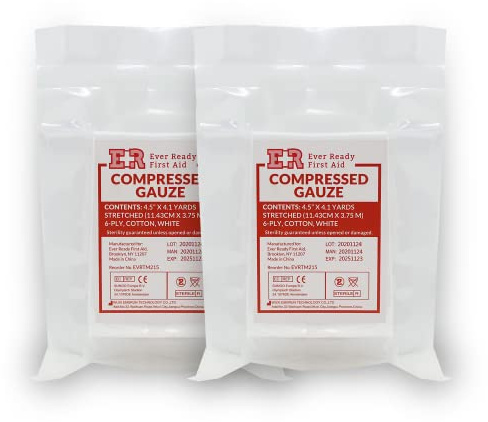 Ever Ready First Aid Compressed Sterile Gauze, 6-Ply Emergency Medical Dressing for First Aid Kits – 4.5” x 4.1 Yards - 2 Pack