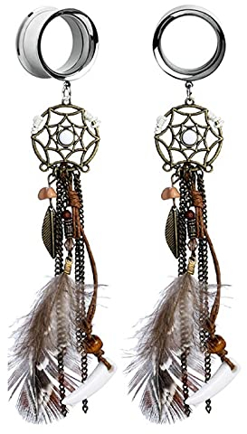 XINHE 2 Stück Baumeln Ohr Ohr Ohr Ohr Fleisch Tunnel Stecker Böhmische Feder Quaste Ohr Reibahle Piercing Expander Körperschmuck,10mm (00g)