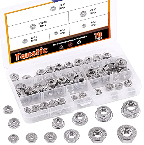 Tanstic Juego de 70 tuercas hexagonales de acero inoxidable de 1/4-20 5/16-18 3/8-16 10-24 8-32 6-32