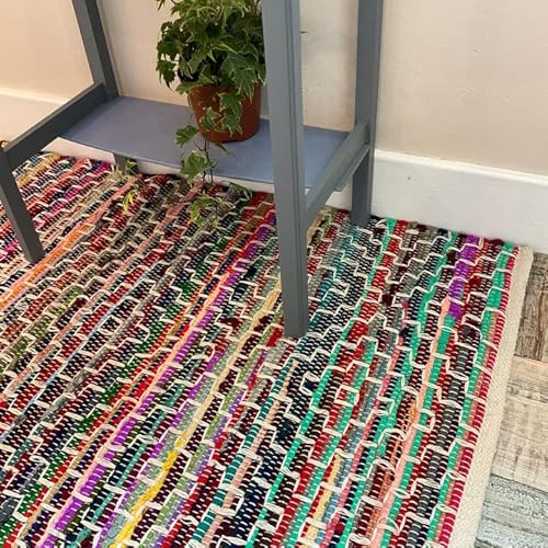 Second Nature Online - KADAM Multi Coloured Rag Rug | Hand Woven | Eco-Friendly: 100% Recycled Fabric | Ethically Sourced | Flat Weave (90 cm x 150 cm)