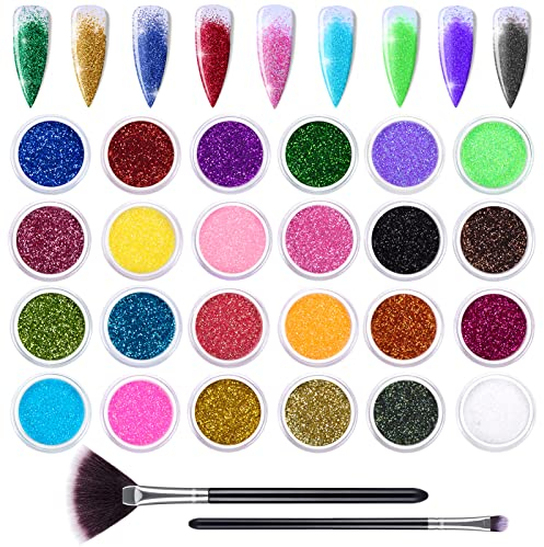 24 Farben Glitzer Set für Nagel, Feines Glitzerpulver Nageldesign Zubehör Pailletten Basteln Nail Art Glitter mit Pinsel für Gesicht Körper DIY Nagelkunst Make up
