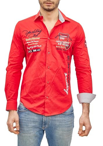 Subliminal Mode - Camisa de hombre bordada moderna y moderna cuello Kent manga larga a rayas corte ajustado BX508, rojo, 3XL