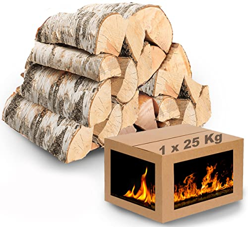 Brennholz für den Kamin Holzarten wählbar, 7 bis 450 Kg Kammergetrocknetes Kaminholz Birke 25 Kg - 1 Karton, Holzstück 25-33 cm