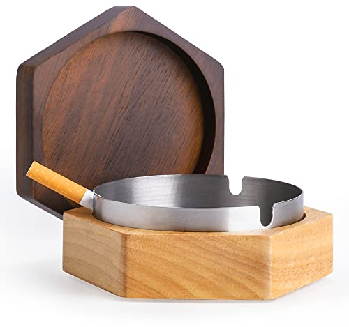 DDAJJAJ Windproof Ash Tray for Weed with Lid, Wooden Ashtray with Stainless Steel Liner for Outdoors and Indoors Use, Smoking Ashtray for Home Office