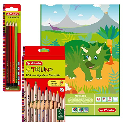 Herlitz Bleistifte Scolair aus FSC Holz, Härtegrad H/HB/B / 2B, lackiert (4 Bleistifte, 12 Buntstifte & Malblock A4)