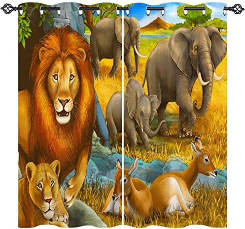 ANHOPE Safari Tier Löwe Elefant Hirsch Blickdichte Gardinen mit Ösen Kinder Jungen Mädchen Thermo Vorhänge Wohnzimmer Schlafzimmer Verdunklungsvorhänge 2er Set H 137 x B 117 cm