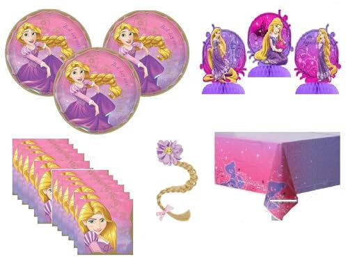 Disney Princess Tangled Rapunzel Party Pack includes Lunch Plates, Napkins, Table Cover, Centerpieces, Stickers (Bundle for 16)