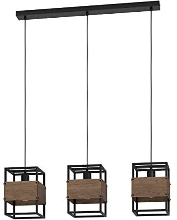 EGLO Hängelampe Evesham, Pendelleuchte Esstisch 3-flammig, Esszimmerlampe aus Holz in Dunkelbraun und Metall in Schwarz, Hängeleuchte mit E27 Fassung