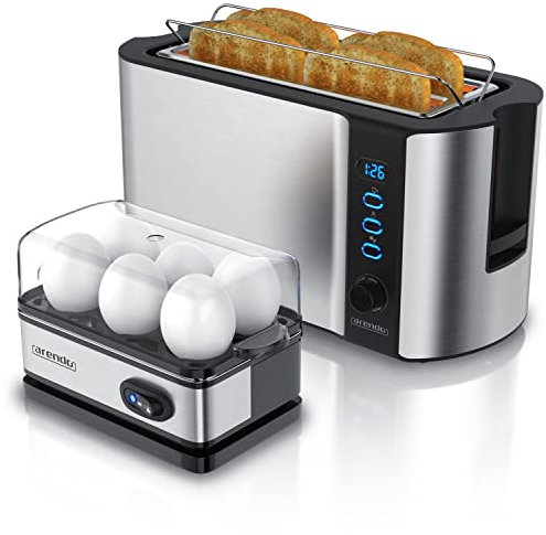 Arendo - SET Eierkocher SIXCOOK mit Toaster FRUKOST Edelstahl Silber, Toaster 4 Scheiben, LED-Display, 6 Bräunungsgrade, Brötchenhalter - Eierkocher 1-6 Eier, Messbecher