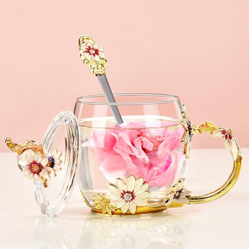 Wisolt Mindfulness Glass Tea Cup for Women - Christmas, Anniversary, Valentine's, Mother's Day Presents - Flower Coffee Mug with Spoon and Lid