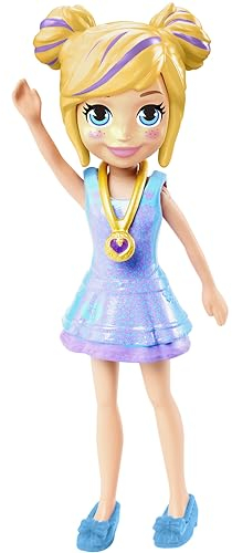 Polly Pocket GDK98 Sammelpuppe ~ Polly trägt blaues und violettes Kleid, blaue Wohnungen und Herz-Medaillon, 8,9 cm hoch