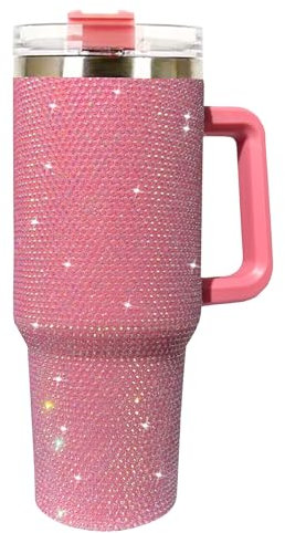 Dyshuai Bling Tumbler mit Griff, großer Strassbecher mit Deckel und Schublade, glänzende Edelstahl-Thermosflasche, vakuumisolierter Reisebecher für heiße und kalte Getränke, Thermoskanne (Rose Pink)