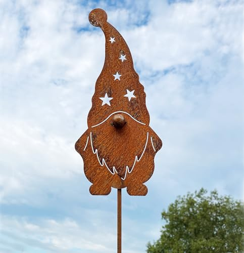 STEINFIGURENWELT GIEBEN Weihnachtsfigur Wichtel stehend 30x13cm + Stab Gartenstecker Edelrost Gartendeko Rost Weihnachtsdeko Metall Rostfigur (Wichtel Arme hinten 30x13cm)
