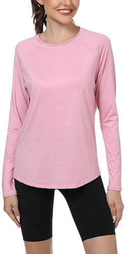 Gyabnw Sportshirt Damen Langarm Longsleeve Tshirt Oberteil Rundhals Laufshirt Yoga Fitness Top Rosa,L
