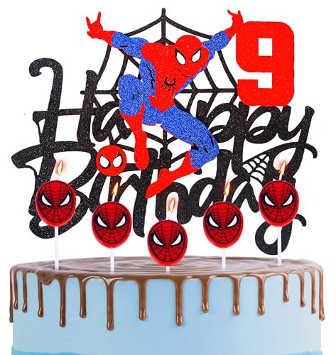 Spider-man 9th Birthday Cake Topper with Candle Red Spider Candles Cake Decorations for Boys,Happy Spider Theme Party Candles Cake Cupcake Topper for Boys Girls 9th Birthday Decor