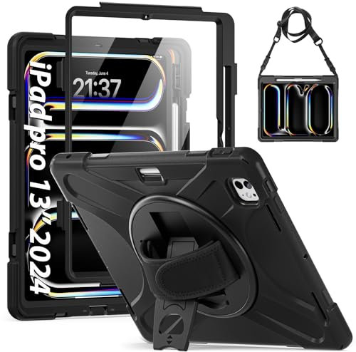 Gerutek Cover per iPad Pro 13 Pollici (7a Gen) M4 2024, Custodia Silicone Antiurto Robusta Resistente con Supporto Rotante 360/Cinghia a Mano/Spalla/Portapenne per iPad Pro 13 M4, Nero Profondo