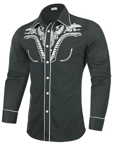 Sykooria Men's Shirts Long Sleeve Casual Vintage Floral Embroidery Button Down Western Cowboy Shirts Regular Fit