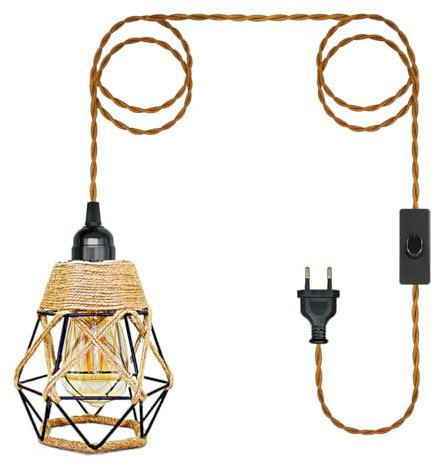 Hängelampe mit Stecker, Lampenfassung E27 mit 510CM Braun Kabel und Metall Käfig Lampenschirm, Lampenkabel mit Schalter, Vintage Pendelleuchte mit Stecker, Hängeleuchte Steckdose, Keine Glühbirne