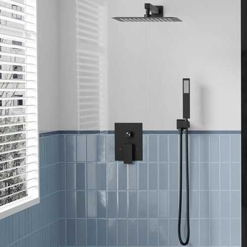Unterputz Duscharmatur Set Schwarz, Duschsystem Unterputz mit 25x25cm Regendusche, Duscharmatur Unterputz Komplettset mit Handbrause, Findepot