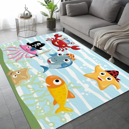 ARiXIaNg Teppich Wohnzimmer Schlafzimmer Kawaii Pirat Teppich Kinderzimmer Kurzflor Teppiche rutschfeste Spielteppiche Ozean Tiere Teenager Kinderteppich Dekoration Carpets 80x120 cm