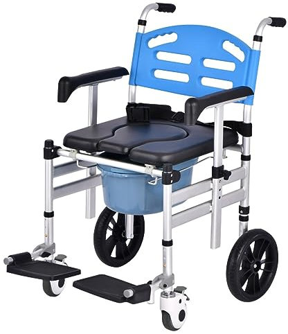 LXWKAI Toilettenstuhl mit Rädern, Toilettenrollstuhl mit gepolstertem Sitz, klappbarer Toilettenstuhl, Duschstuhl aus Aluminium mit Rädern