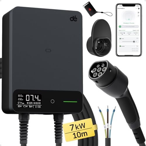 dé Wallbox 7kW APP [6-32A, 1-Phase] Elektrofahrzeug-Ladestation mit 10m Typ 2 Ladekabel, RFID und Steckerhalterung, Ladestation mit RCD Typ-B & IP54 Schutz für E-208 & andere BEV/PHEV