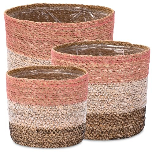 Decorasian Seegras Übertopf – Blumentopf geflochten – Planzenkorb mit Folieneinsatz im Boho Stil – Pink-Weiß-Schwarz - Set 25cm + 20cm + 16cm