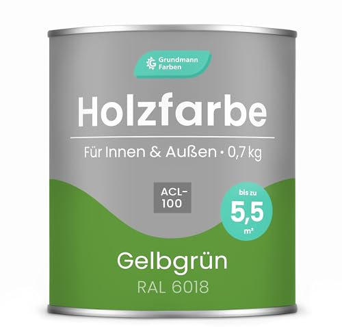 Grundmann Holzfarbe ACL 100 - Holzlack 0,7 Kg Grün - 4in1 inkl. Grundierung - Seidenmatt - Wetterfest für Innen & Außen - RAL 6018 Gelbgrün/Pistaziengrün