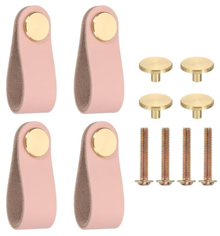 PATIKIL Leather Drawer Pulls, 4 Pack Leather Handle Center Cabinet Dresser Knobs with Screws for Dresser Cupboard Closet Doors, Pink