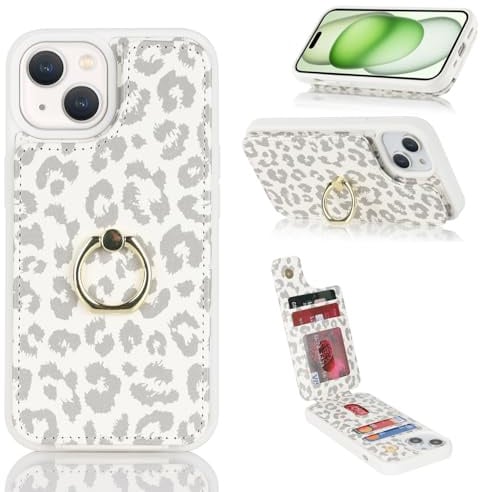 Cavor Phone Case compatible with iPhone 15 Plus Case With Card Holder,Flip Leather Wallet Case,Buckle Metal Ring Shockproof Cover Case compatible with iPhone 15 Plus - White Leopard