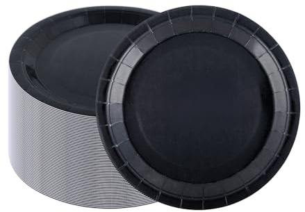 CEILIWEN Lot de 100 assiettes rondes en carton noir de 23 cm pour fêtes, anniversaires, remise de diplôme, retraite, Halloween, pour restauration et événements