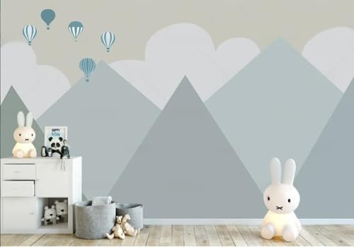 skdhlifpj Fototapete 3d effekt Kinder Geometrie Berggipfel 300cmx256cm | Schlafzimmer Wohnzimmer Cartoon Weiße Wolken Heißluftballon Junge Kinderzimmer Wandbelag, Wandbild, Wanddeko