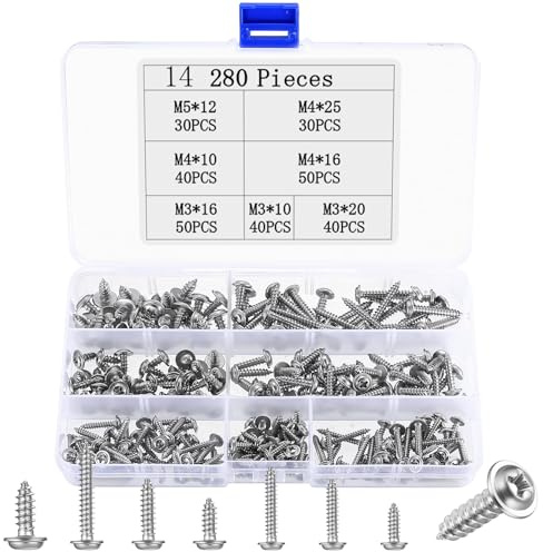 280 Pcs Stainless Steel Self Tapping Screws Metal, M3 M4 M5 Cross Pan Washer Head Wood Screws with Washer Head Sheet Metal Screw, Self Drilling Fasteners Screw for Repairment Woodwork DIY