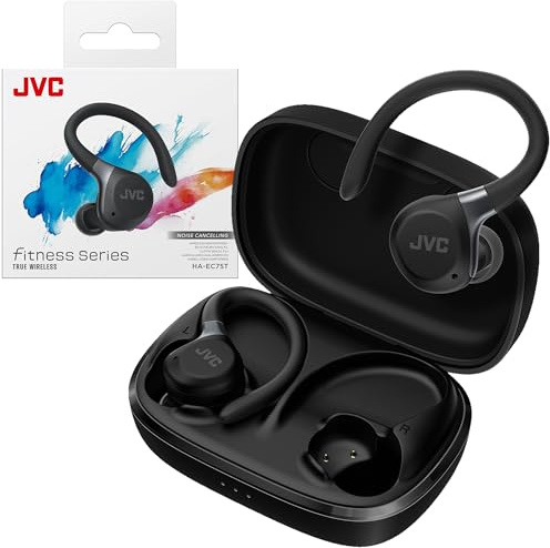 JVC Fitness Series - Auriculares deportivos inalámbricos con ganchos ajustables, cancelación activa de ruido, modo de sonido ambiental, IP57 impermeable, batería de 40 horas de duración, ecualizador
