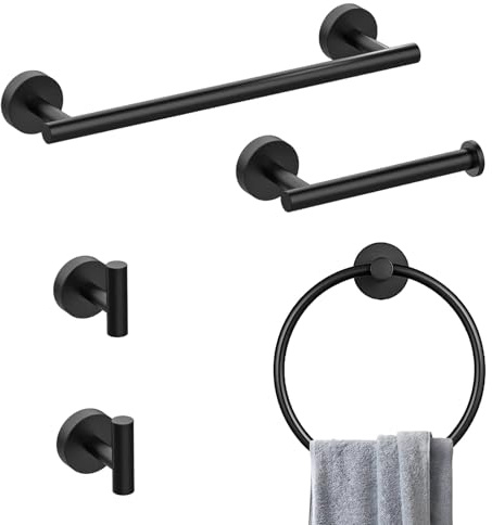 Towel Roll Rail Towel Holder Set, Stainless Steel Metal Bathroom Accessory | Toilet Paper Roll Holder Wall Hook Towel Ring Rack Bathroom Hardware (Black)