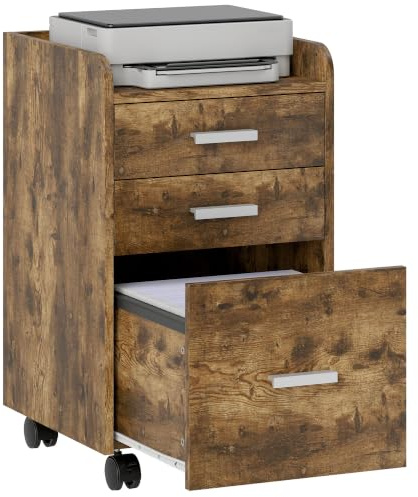 HOMCOM 3 Drawer Filing Cabinet for Letter, A4 Size Rustic Brown | Rolling Under Desk Drawers, Edged Top, Hanging File Folders, Home Office