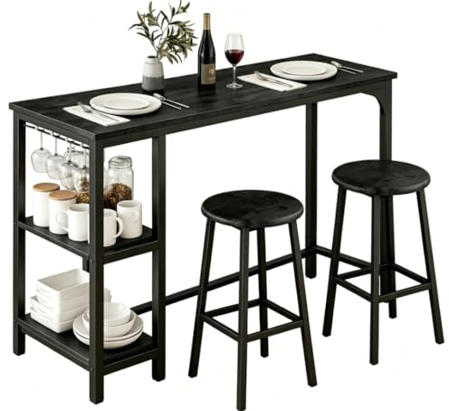 Blishom Bartisch mit 2 Hockern, 3-teiliges Bartisch Set, Küchentisch mit Ablage & Glashalter, Platzsparender Stehtisch für Küche, Wohnzimmer & kleine Räume, Industrial Vintage (Schwarz)