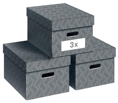 Leitz VON 3er Set Aufbewahrungsbox mit Deckel, 15 L, Mittel, 100% Recyclingkarton, Geometrisches Design, Für Schule, Studium und Haushalt, Grau, 3 Stück, 61410085